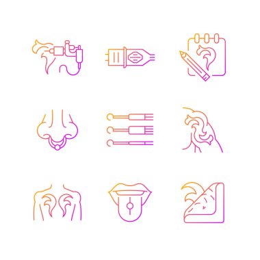 Dövme ve delme aletleri gradyan vektör simgeleri ayarlandı. Eşsiz sanat eserleri yaratmak insan vücudunda işe yarar. İnce çizgili sembol demetleri. İzole vektör ana hatları illüstrasyon koleksiyonu