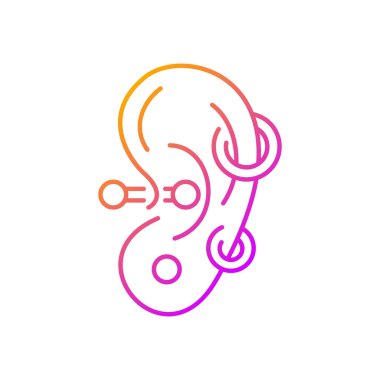 Kulak delen doğrusal vektör simgesi. İnsan kulağına takılan mücevherler. Değerli malzemelerden yapılmış aksesuarlar. İnce çizgi renkli semboller. Modern tarz pictogram. Vektör izole çizimi