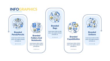 Marka materyali vektör bilgi şablonu. Markalı üniformalı sunum tasarım elementleri. Veri görselleştirmesi 5 adımda. İşlem zaman çizelgesi bilgi şeması. Satır simgeleriyle çalışma akışı düzeni