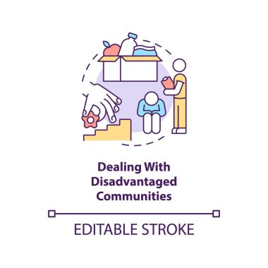 Avantajsız toplumların konsept ikonu ile uğraşmak. Geliştirme hedefi soyut fikir ince çizgi çizimi. Ekonomik geriliği olan gruplar. Vektör izole edilmiş dış hat renk çizimi. Düzenlenebilir vuruş