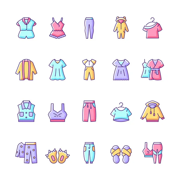 Rahat ev kıyafetleri ve RGB renk simgeleri seti. Kadın geceliği. Erkek spor giyim. Komik terlikler. İzole vektör çizimleri. Pijamalar basit doldurulmuş çizgi çizimleri koleksiyonu