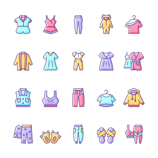Комфортабельная домашняя и спальная одежда цвета RGB. Женская ночная сорочка. Мужская спортивная одежда. Забавные тапочки. Изолированные векторные рисунки. Pajamas простая коллекция рисунков