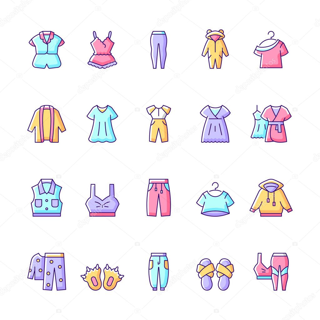 Comfortable homewear and sleepwear RGB color icons set. Female nightwear. Male sportswear. Funny slippers. Isolated vector illustrations. Pajamas simple filled line drawings collection