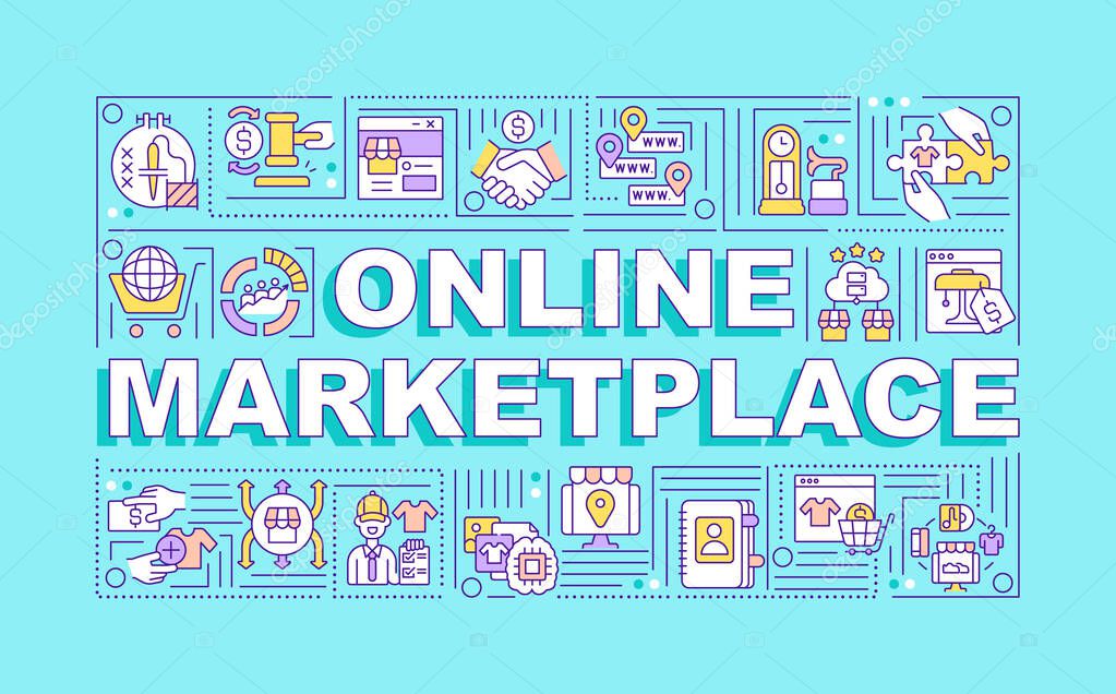 Online marketplace word concepts banner. Remote business. Infographics with linear icons on cyan background. Isolated creative typography. Vector outline color illustration with text