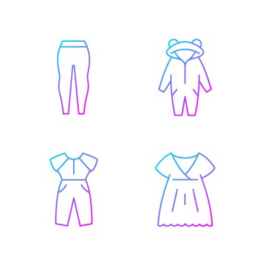 Uyku giysisi gradyan doğrusal vektör simgeleri ayarlandı. Kadınlar için taytlar. Çocuklar için Kigurumi. Tulum ve büyük beden elbise. İnce çizgili sembol demetleri. İzole vektör ana hatları illüstrasyon koleksiyonu