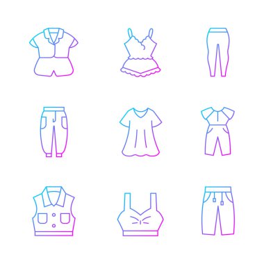 Rahat ev giyimi gradyan doğrusal vektör simgeleri ayarlandı. İpek gecelik. Deri taytlar ve koşucular. Büyük beden elbise. İnce çizgili sembol demetleri. İzole vektör ana hatları illüstrasyon koleksiyonu