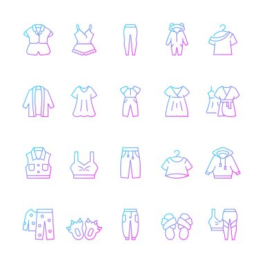 Rahat ev kıyafetleri ve uyku giysisi gradyan doğrusal vektör simgeleri ayarlandı. Kadın geceliği. Erkek spor giyim. İnce çizgili sembol demetleri. İzole vektör ana hatları illüstrasyon koleksiyonu