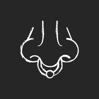 Koyu arkaplanda burun delici beyaz tebeşir simgesi. Mücevherleri burun deliklerine enjekte etme prosedürü. Değerli malzemelerden güzel aksesuarlar. Siyah üzerine izole edilmiş vektör çizimi