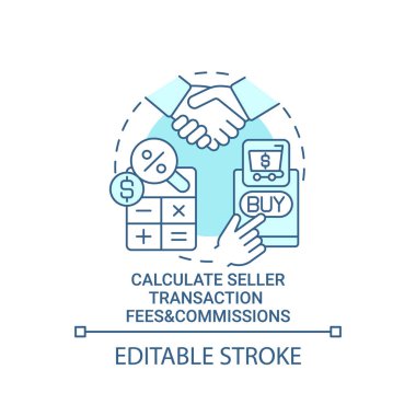 Satıcı işlem ücretlerini ve komisyon konsepti simgesini hesapla. Kâr hesaplaması. Ürünler soyut ve ince çizgi çizimleri satar. Vektör izole edilmiş dış hat renk çizimi. Düzenlenebilir vuruş