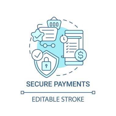 Güvenli ödeme konsepti ikonu. Küresel pazar yerleri soyut fikir ince çizgi çizimi sunar. Dolandırıcılık tespit ve önleme. İnternetten ödüyorum. Vektör izole edilmiş dış hat renk çizimi. Düzenlenebilir vuruş