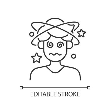 Baş dönmesi ve kafa karışıklığı doğrusal simge. Adam bilincini kaybediyor. Isı tükenme belirtisi. İnce çizgi özelleştirilebilir illüstrasyon. Contour sembolü. Vektör izole çizim. Düzenlenebilir vuruş