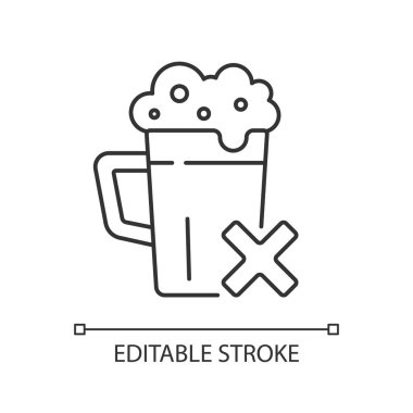 Alkol lineer ikonundan kaçının. Alkollü içecekler için diyet kısıtlaması. Bağımlılık sorunu. İnce çizgi özelleştirilebilir illüstrasyon. Contour sembolü. Vektör izole çizim. Düzenlenebilir vuruş