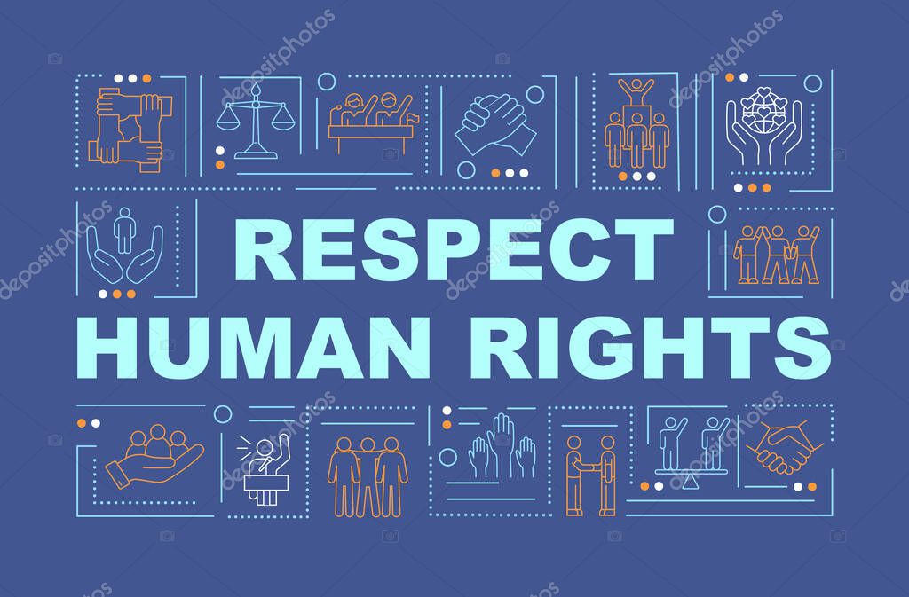 Respect human rights word concepts banner. Social problems. Infographics with linear icons on navy background. Isolated creative typography. Vector outline color illustration with text