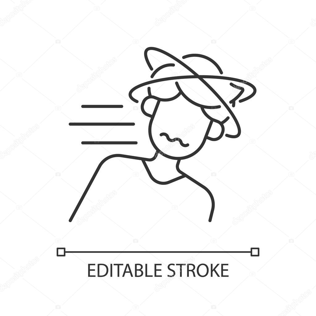 Fainting linear icon. Man lose consciousness from sunstroke. Head spinning as heatstroke symptom. Thin line customizable illustration. Contour symbol. Vector isolated outline drawing. Editable stroke