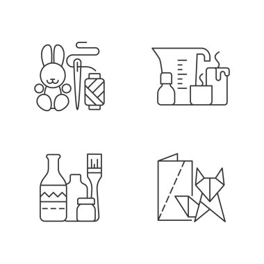 Moda el sanatları doğrusal simgeler ayarlandı. Amigurumi tavşanı. Mum yapımı. Tekrarlanan şarap şişeleri. El yapımı oyuncaklar. Özelleştirilebilir ince çizgi şekilleri. İzole vektör çizimi çizimleri. Düzenlenebilir vuruş