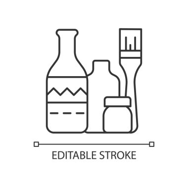 Şişe boyama lineer simgesi. Ev dekoru. Tekrarlanan şarap şişeleri. Çiçek ev yapımı vazolar. İnce çizgi özelleştirilebilir illüstrasyon. Contour sembolü. Vektör izole çizim. Düzenlenebilir vuruş