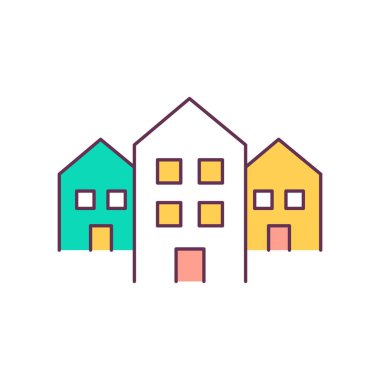 Gayrimenkul RGB renk simgesi. Apartman binaları. Yerleşim yerleri. İzole vektör çizimi. Evler ve apartmanlar. Kiralık iş. Satılık ticari mülk. Basit doldurulmuş çizgi çizimi.