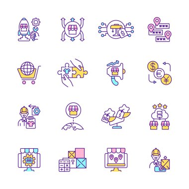 E ticaret RGB renk simgeleri ayarlandı. Çevrimiçi alıcı deneyimi. İzole vektör çizimleri. Hedef denizaşırı bölgelerde. Pazar yerinde mal alıp satmak basit doldurulmuş çizgi çizimleri koleksiyonu