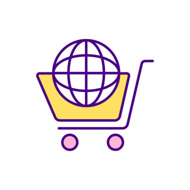 Uluslararası e-ticaret RGB renk simgesi. Yabancı ülkelerde ürün satmak. İzole vektör çizimi. Dünya çapında müşterilere ulaşıyor. Sınır ötesi ticaret basit doldurulmuş çizgi çizimi
