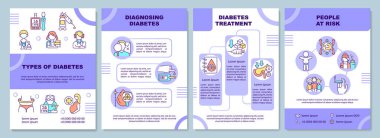 Types of diabetes brochure template. Diagnosing illness. Flyer, booklet, leaflet print, cover design with linear icons. Vector layouts for presentation, annual reports, advertisement pages clipart