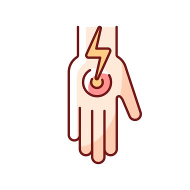 Kollarda ve bacaklarda kramplar RGB renk simgesi. Kolunda akut eklem ağrısı. Sakatlık, kas zorlanması. İzole vektör çizimi. Sıcak çarpmasının fiziksel semptomu basit doldurulmuş çizgi çizimi