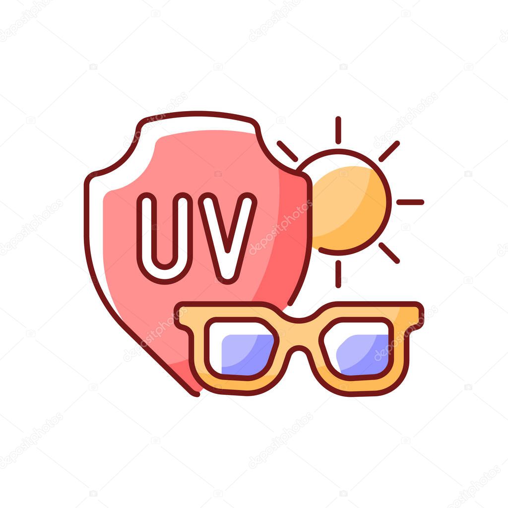 Sunglasses RGB color icon. Glasses for eye protection from UV rays. Preventing sun exposure and ultraviolet damage during heat. Isolated vector illustration. Heat stroke simple filled line drawing