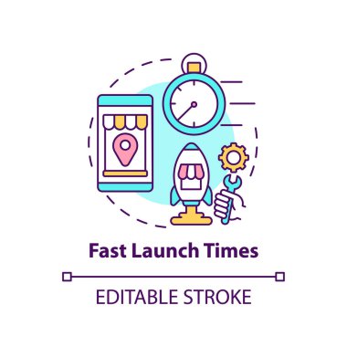 Hızlı fırlatma çarpı konsept simgesi. Çevrimiçi pazar yeri fikri soyut ince çizgi çizimi yararlıdır. Yeni ekommerce web sitesi geliştirme. Vektör izole edilmiş dış hat renk çizimi. Düzenlenebilir vuruş