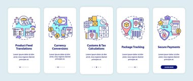 Uluslararası pazarlama hizmetleri mobil uygulama sayfası ekranında. Paket geçişi, kavramlarla birlikte 5 adımlık grafik talimatlar. UI, UX, doğrusal renk çizimleri olan GUI vektör şablonu