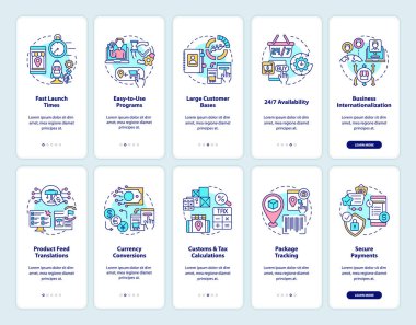 Online pazar yeri mobil uygulama sayfası ekranları ayarlandı. E-ticaret hizmetleri kavramlarla birlikte 5 adımlık grafik talimatları inceliyor. UI, UX, doğrusal renk çizimleri olan GUI vektör şablonu