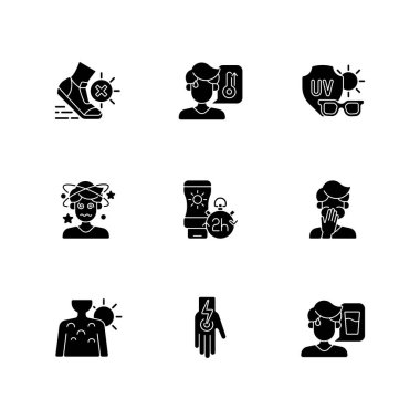 Güneş çarpmasını önleme simgeleri beyaz uzaya sabitlendi. Güneş çarpması belirtileri. Güneş çarpmasını önlemek için ultraviyole ışınlardan kaçının. Güneş yanığı riski. Siluet sembolleri. Vektör izole illüstrasyonu