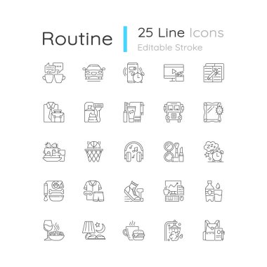 Everyday routine linear icons set. Alarm clock. Coffee break. Tranposrt for transit to work, school. Customizable thin line contour symbols. Isolated vector outline illustrations. Editable stroke clipart