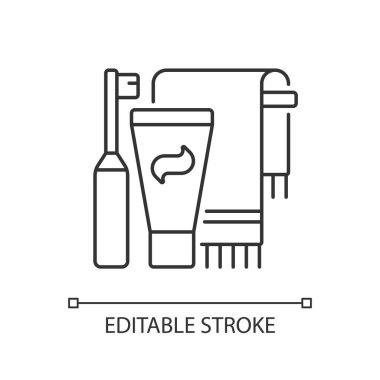 Diş fırçalama lineer simgesi. Diş macunu ve macunu banyoda. Her gün banyo rutini. İnce çizgi özelleştirilebilir illüstrasyon. Contour sembolü. Vektör izole çizim. Düzenlenebilir vuruş