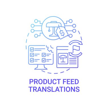 Ürün besleme çeviri konsepti simgesi. Çoklu dillere ait bilgi soyut fikir ince çizgi illüstrasyonudur. E-ticaret platformu genişliyor. Vektör izole edilmiş dış çizgi renk çizimi