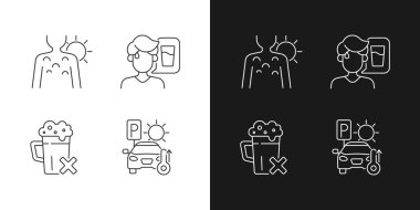 Güneş çarpması önleme simgeleri karanlık ve aydınlık moduna ayarlandı. İnsan derisinde güneş yanığı. Alkolden uzak dur. Özelleştirilebilir ince çizgi sembolleri. İzole vektör çizimi çizimleri. Düzenlenebilir vuruş