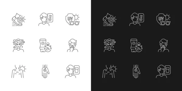 日焼け防止ダークモードとライトモードに設定されたリニアアイコン 熱中症の症状 日焼けのリスク カスタマイズ可能な細い線記号 絶縁ベクトルアウトラインイラスト 編集可能なストローク — ストックベクタ