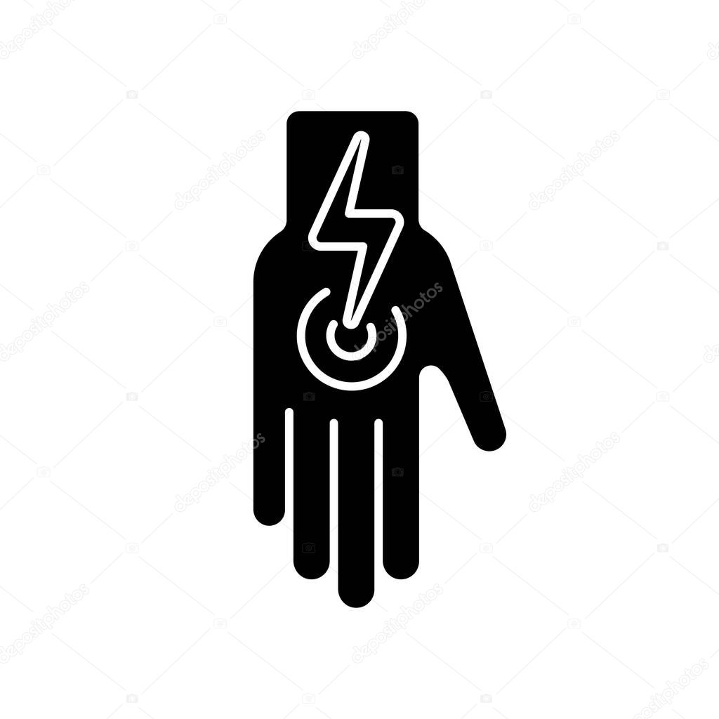 Cramps in arms and legs black glyph icon. Acute joint pain in arm. Ache from injury, muscle strain. Physical symptom of heatstroke. Silhouette symbol on white space. Vector isolated illustration