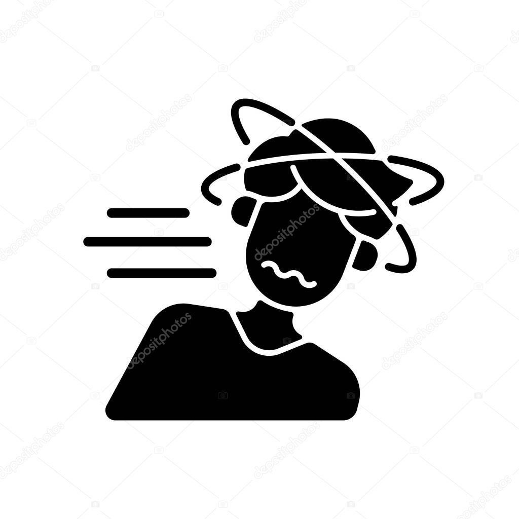 Fainting black glyph icon. Man losing consciousness from sunstroke. Head spinning as heatstroke symptom. Dizziness from stress. Silhouette symbol on white space. Vector isolated illustration