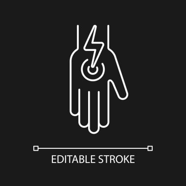 Kol ve bacaklardaki kramplar koyu renk tema için beyaz doğrusal simge. Kolunda akut eklem ağrısı. İnce çizgi özelleştirilebilir illüstrasyon. Gece modu için izole vektör kontur sembolü. Düzenlenebilir vuruş