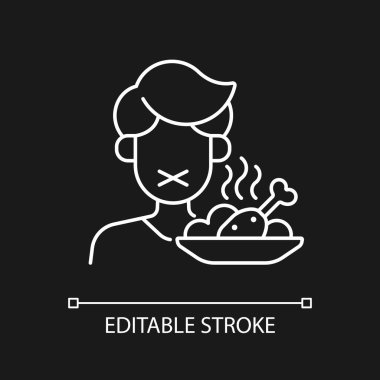 İştah kaybı. Karanlık tema için beyaz doğrusal simge. Yiyeceklerde kısıtlama. Güneş çarpmasının semptomu. İnce çizgi özelleştirilebilir illüstrasyon. Gece modu için izole vektör kontur sembolü. Düzenlenebilir vuruş