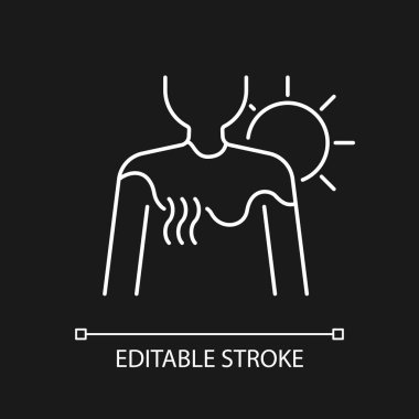 Koyu tema için güneş yanığı beyaz doğrusal simgesi. Güneş ışığına maruz kalan kişi. Deride tahriş. İnce çizgi özelleştirilebilir illüstrasyon. Gece modu için izole vektör kontur sembolü. Düzenlenebilir vuruş