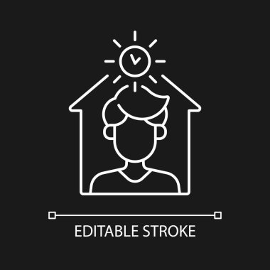 Karanlık tema için beyaz doğrusal simge kullanmaktan kaçının. Sıcak hava dalgası sırasında içeride kalmak. İnce çizgi özelleştirilebilir illüstrasyon. Gece modu için izole vektör kontur sembolü. Düzenlenebilir vuruş