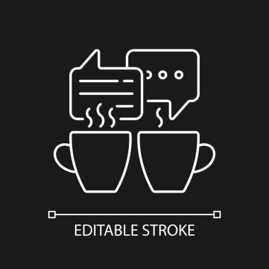Koyu renk tema için beyaz doğrusal simge sosyalleştiriliyor. Arkadaşlar kahve içerken buluşur. Sıcak içeceklerden bahsediyorum. İnce çizgi özelleştirilebilir illüstrasyon. Gece modu için izole vektör kontur sembolü. Düzenlenebilir vuruş