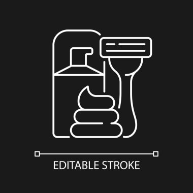 Koyu renk tema için jilet ve tıraş kremi beyaz doğrusal simge. Cilt bakımı, erkekler için saç aldırma. İnce çizgi özelleştirilebilir illüstrasyon. Gece modu için izole vektör kontur sembolü. Düzenlenebilir vuruş