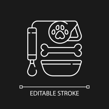 Koyu renk tema için evcil hayvan kurşunu ve yiyecek beyaz doğrusal simgesi. Hayvan ürünleri satan bir dükkan. Kediler için erzak. İnce çizgi özelleştirilebilir illüstrasyon. Gece modu için izole vektör kontur sembolü. Düzenlenebilir vuruş
