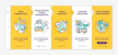 Sosyal birim vektör şablonundaki stratejileri değiştir. Simgeli ilgili mobil web sitesi. Web sayfasında 5 basamaklı ekranlar. Doğrusal çizimlerle kütle seferberleştirme renk kavramı