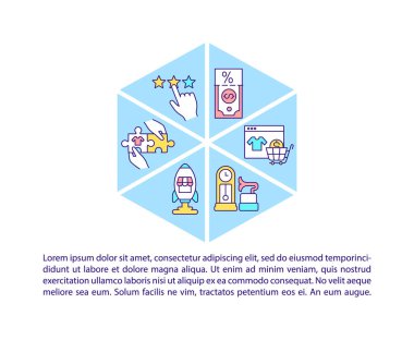 Çevrimiçi pazar yeri konsepti simgeleri ile metin. Kopya uzayı ile PPT sayfa vektör şablonu. Broşür, dergi, gazete tasarımı. Beyaz üzerinde uzak perakende doğrusal çizimler