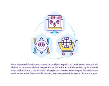 Çevrimiçi pazar yeri konsepti simgeleri ile metin. Kopya uzayı ile PPT sayfa vektör şablonu. Broşür, dergi, gazete tasarımı. Beyaz üzerine iş platformu doğrusal illüstrasyonları