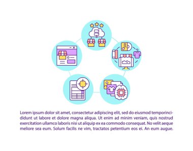 Metinli pazar yerleri ve sosyal ağlar konsept çizgisi simgeleri. Kopya uzayı ile PPT sayfa vektör şablonu. Broşür, dergi, gazete tasarımı. Beyaz üzerinde çevrimiçi hizmetler doğrusal çizimler