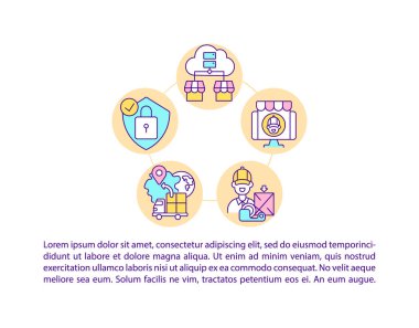 Üçüncü parti satıcı ürün konsept satır simgelerini metin ile gönderir. Kopya uzayı ile PPT sayfa vektör şablonu. Broşür, dergi, gazete tasarımı. Beyaz üzerinde çevrimiçi pazar doğrusal çizimler