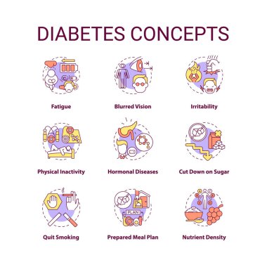 Diabetes concept icons set. Health issues. Disease health problems. Special diet for ill people. Healthy eating idea thin line color illustrations. Vector isolated outline drawings. Editable stroke vector Diabetes concept icons set. Health issues. Disease health problems. Special diet for ill people. Healthy eating idea thin line color illustrations. Vector isolated outline drawings. Editable stroke vector